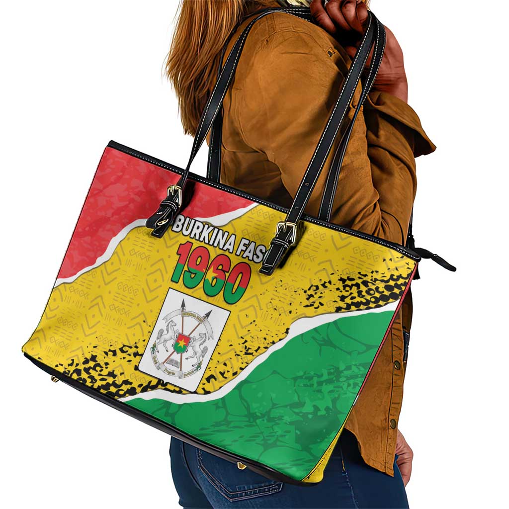 Happy Burkina Faso Leather Tote Bag Independence Day - Bogolan Pattern - African Pride