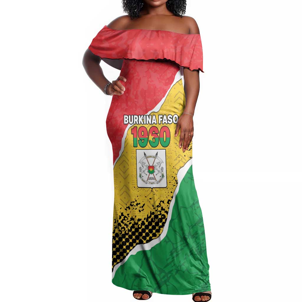 Personalized Happy Burkina Faso Off Shoulder Maxi Dress Independence Day - Bogolan Pattern - African Pride