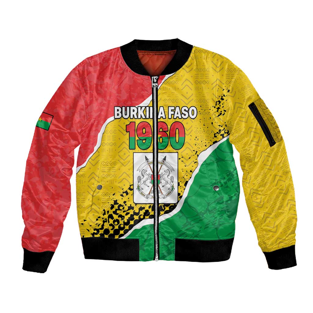 Personalized Happy Burkina Faso Sleeve Zip Bomber Jacket Independence Day - Bogolan Pattern - African Pride