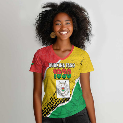 Personalized Happy Burkina Faso Women V-Neck T-Shirt Independence Day - Bogolan Pattern - African Pride