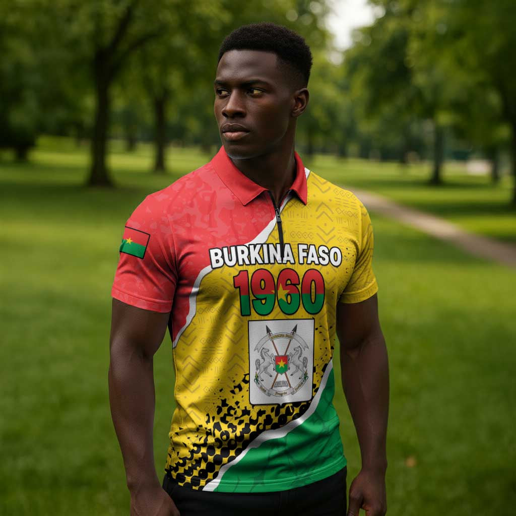 Personalized Burkina Faso Independence Day Zipper Polo Shirt Coat Of Arms - Grunge Style