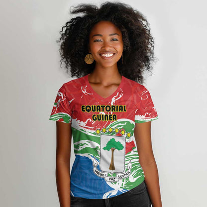 Equatorial Guinea Personalized Women V-Neck T-Shirt Happy Independence Day - African Pride