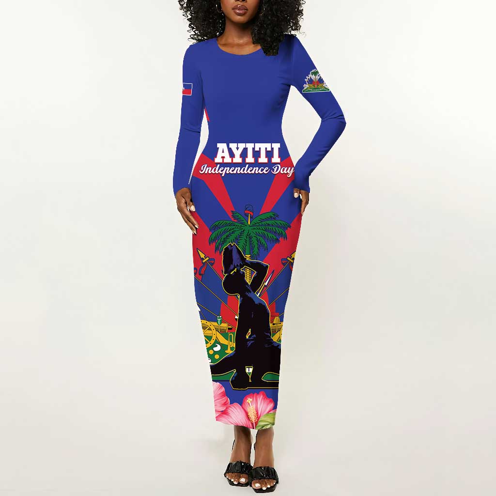 Personalised Happy Haiti Independence Day Long Sleeve Bodycon Dress Neg Marron - African Pride