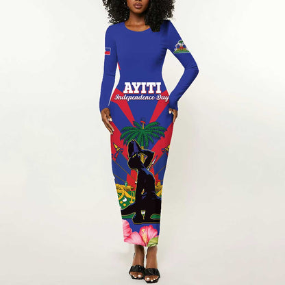 Personalised Happy Haiti Independence Day Long Sleeve Bodycon Dress Neg Marron - African Pride