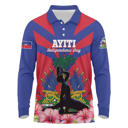 Personalised Happy Haiti Independence Day Long Sleeve Polo Shirt Neg Marron - African Pride