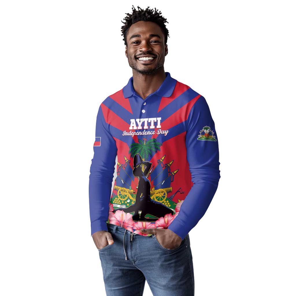 Personalised Happy Haiti Independence Day Long Sleeve Polo Shirt Neg Marron - African Pride