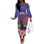Personalised Happy Haiti Independence Day Off The Shoulder Long Sleeve Dress Neg Marron - African Pride