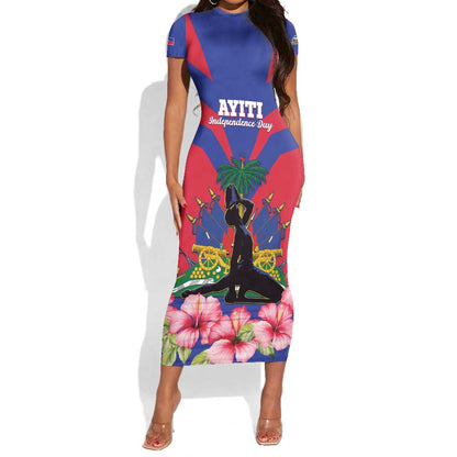 Personalised Happy Haiti Independence Day Short Sleeve Bodycon Dress Neg Marron - African Pride