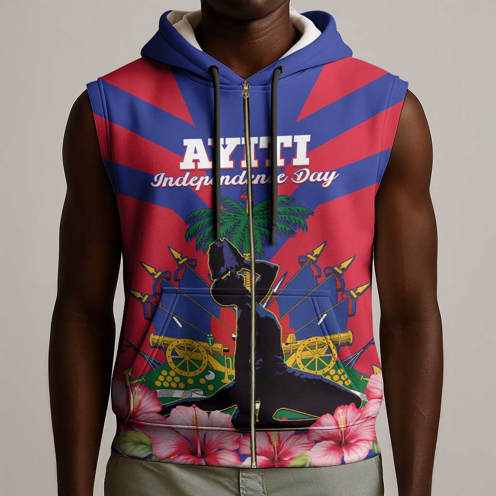 Personalised Happy Haiti Independence Day Sleeveless Zip Hoodie Neg Marron - African Pride