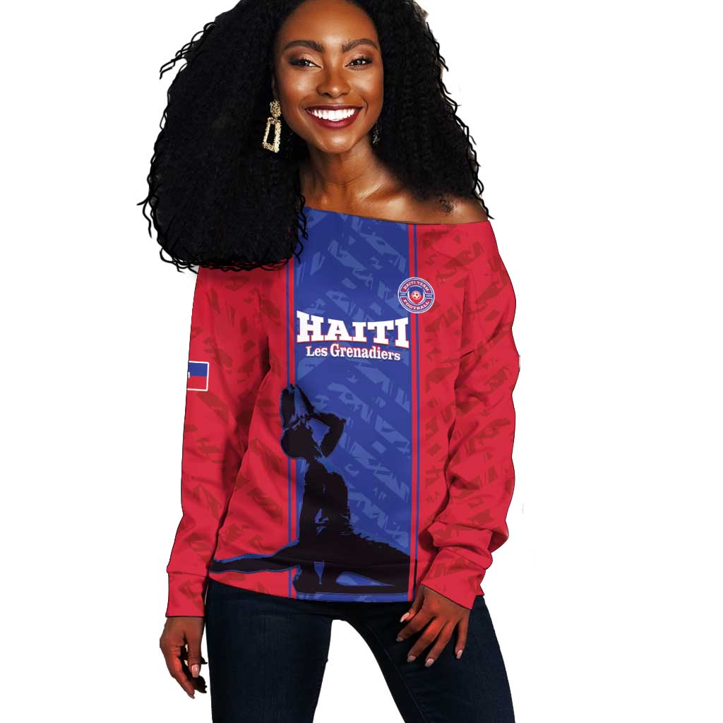 Custom Afro Haiti Football Off Shoulder Sweater Nou fe - Pou Ayiti - Pou Drapo a - Pou peyi a - African Pride