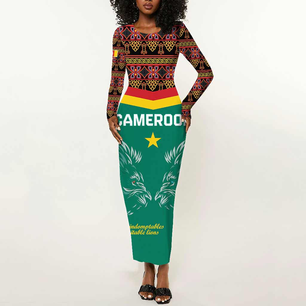 Custom Cameroun Football Long Sleeve Bodycon Dress Allez Les Lions Indomptables