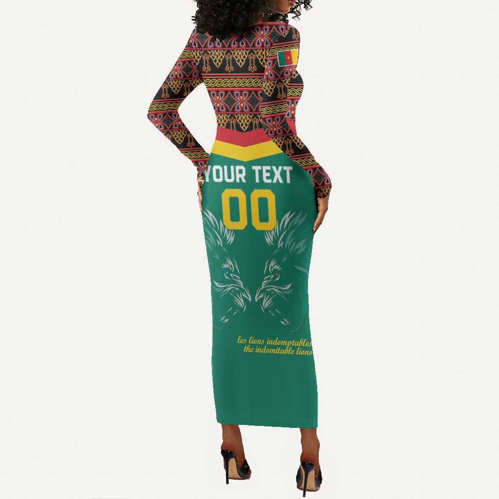 Custom Cameroun Football Long Sleeve Bodycon Dress Allez Les Lions Indomptables LT15