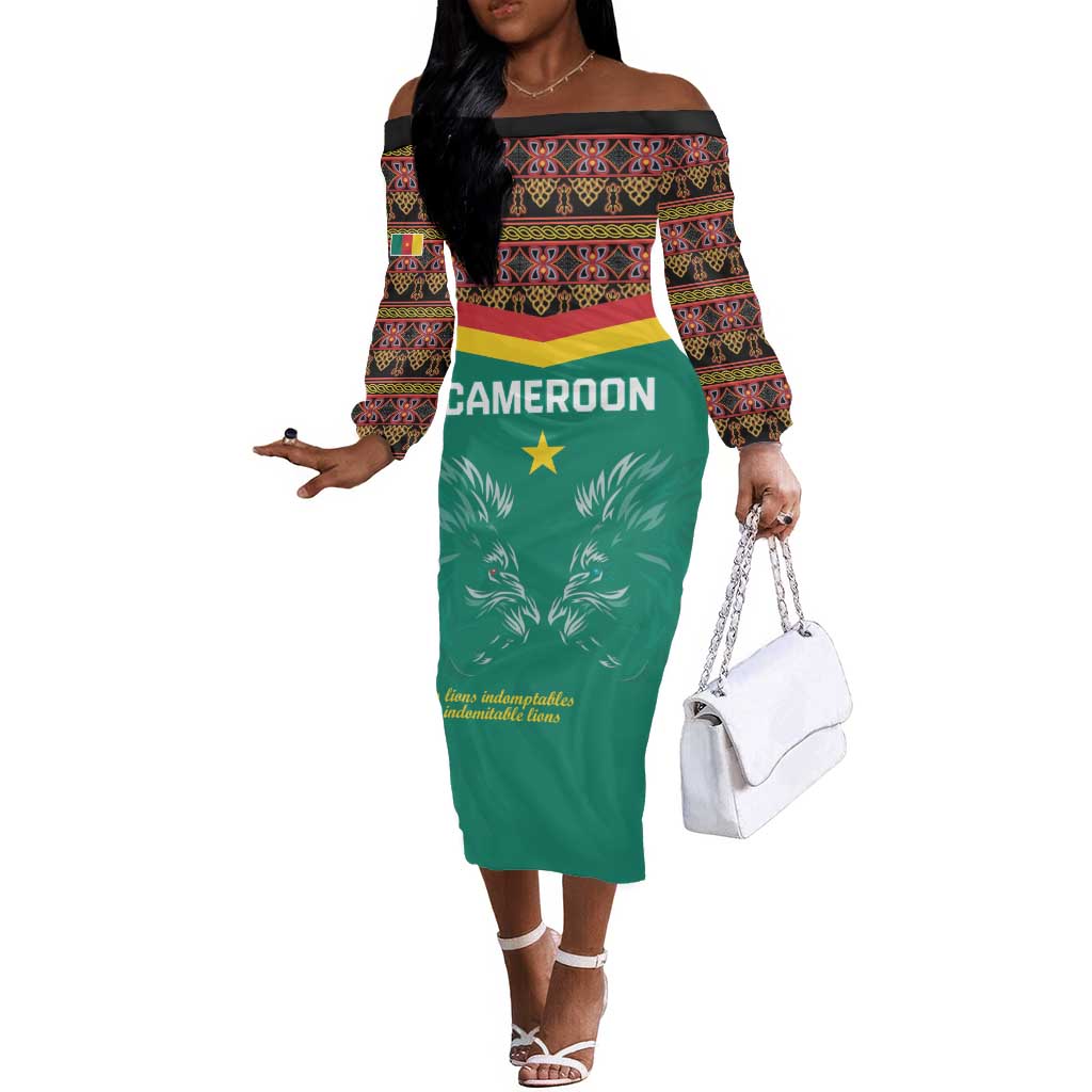 Custom Cameroun Football Off The Shoulder Long Sleeve Dress Allez Les Lions Indomptables