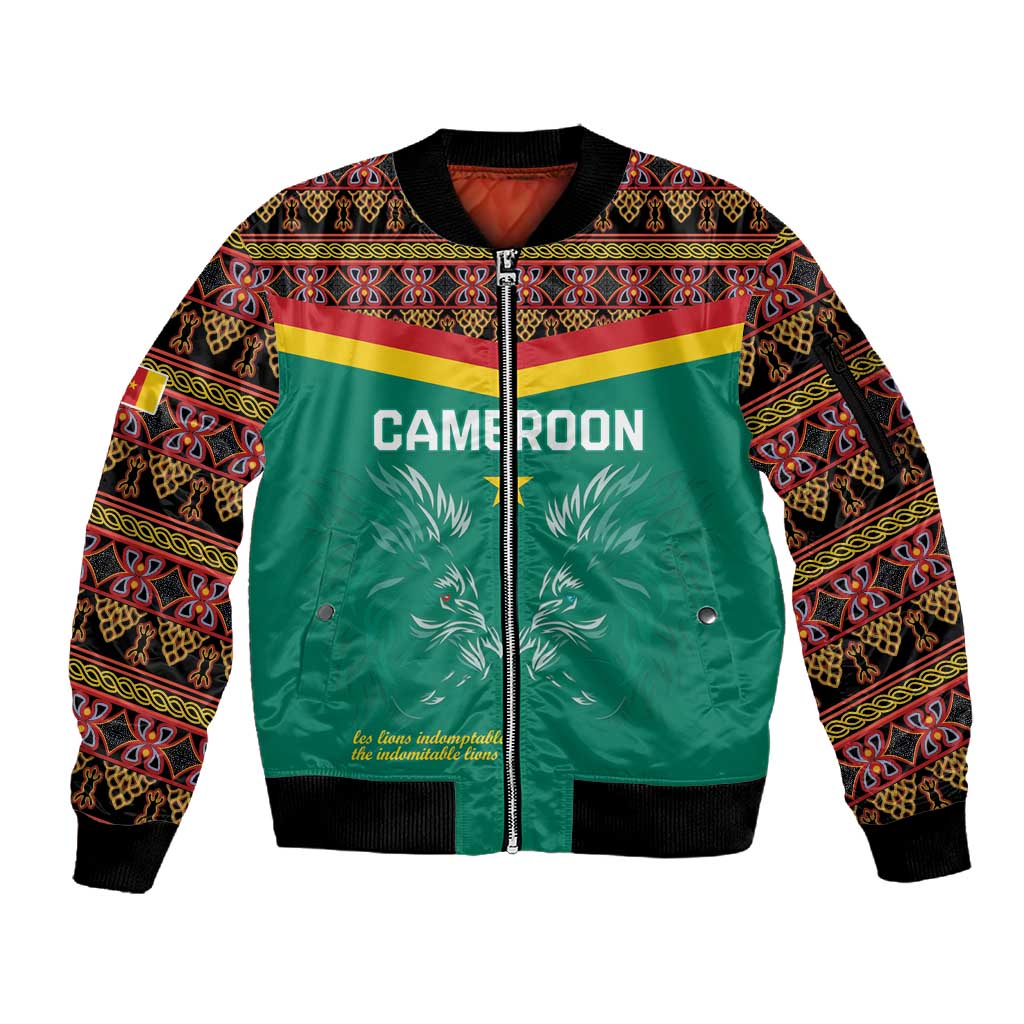 Custom Cameroun Football Sleeve Zip Bomber Jacket Allez Les Lions Indomptables