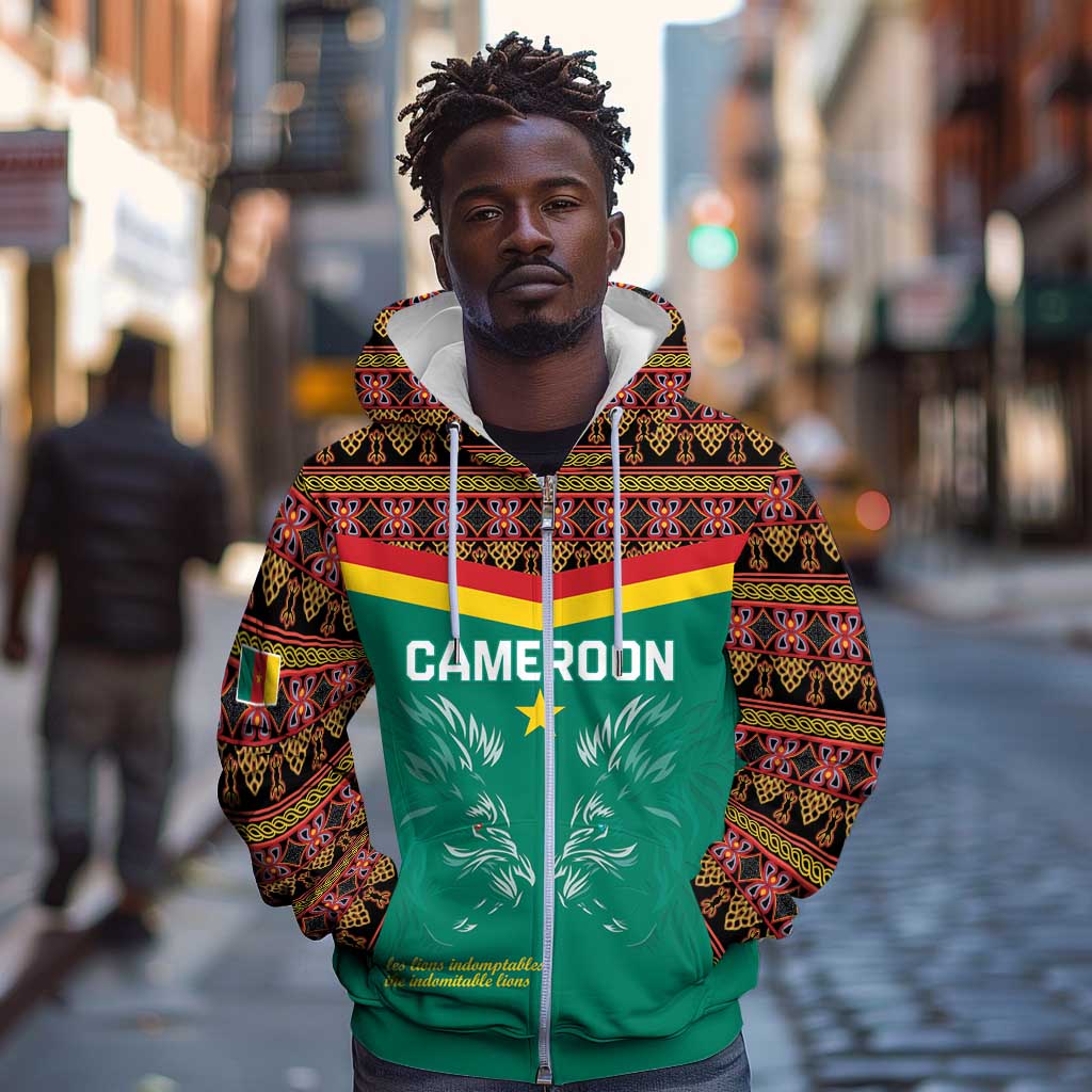 Custom Cameroun Football Zip Hoodie Allez Les Lions Indomptables