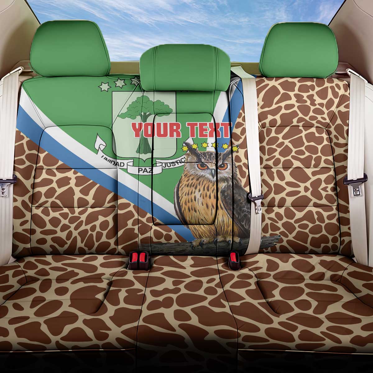 Personalised Equatorial Guinea Back Car Seat Cover Bubo Poensis With Coat Of Arms