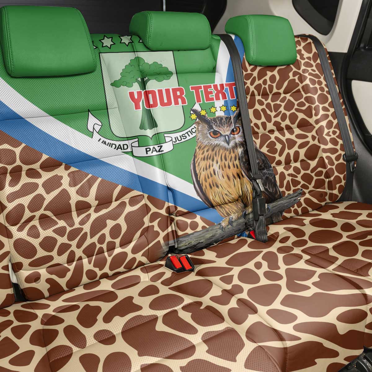 Personalised Equatorial Guinea Back Car Seat Cover Bubo Poensis With Coat Of Arms