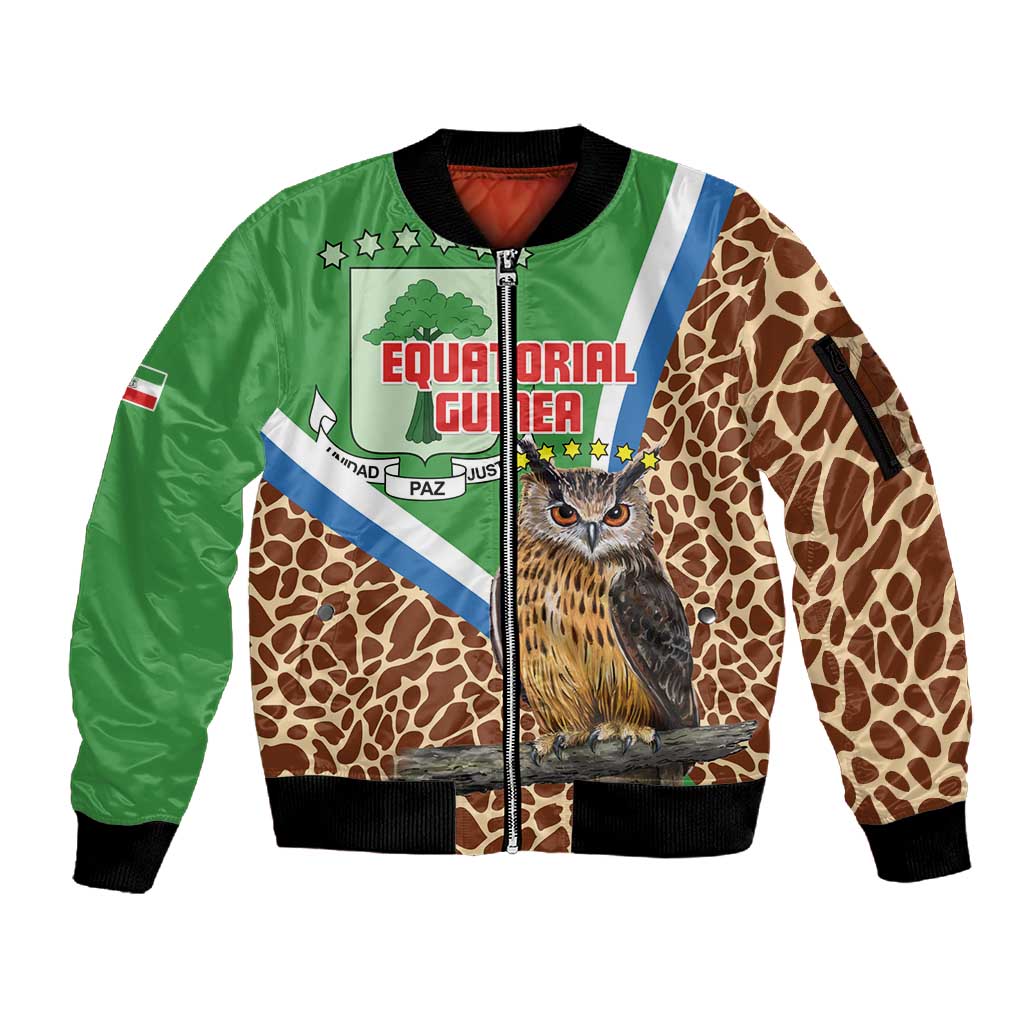 Personalised Equatorial Guinea Sleeve Zip Bomber Jacket Bubo Poensis With Coat Of Arms