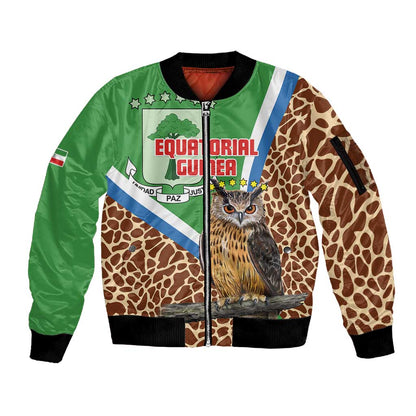 Personalised Equatorial Guinea Sleeve Zip Bomber Jacket Bubo Poensis With Coat Of Arms