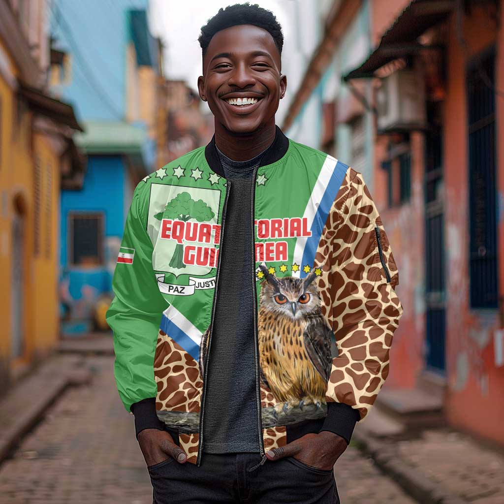 Personalised Equatorial Guinea Sleeve Zip Bomber Jacket Bubo Poensis With Coat Of Arms