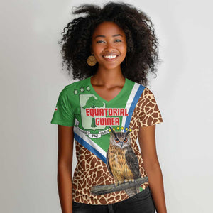 Personalised Equatorial Guinea Women V-Neck T-Shirt Bubo Poensis With Coat Of Arms