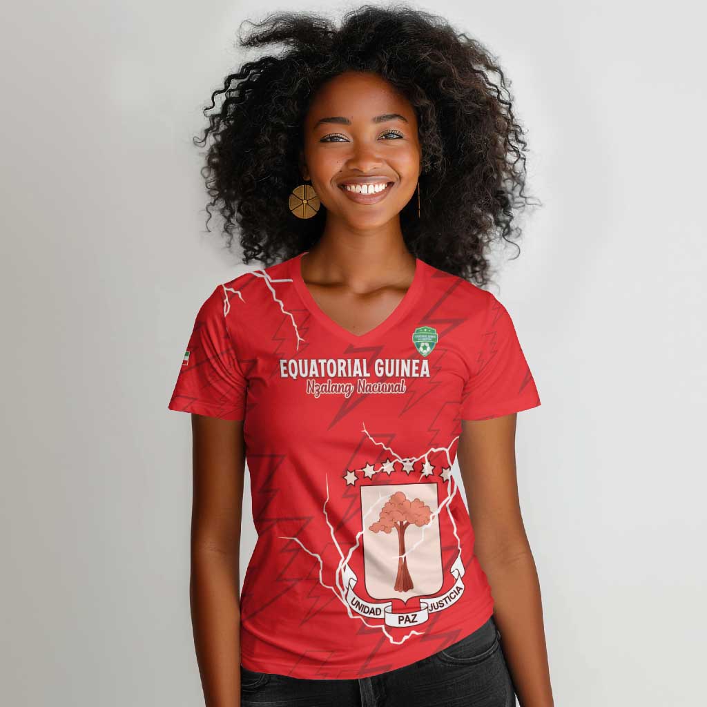 Custom Equatorial Guinea Football Women V-Neck T-Shirt Go Champions - Red Version