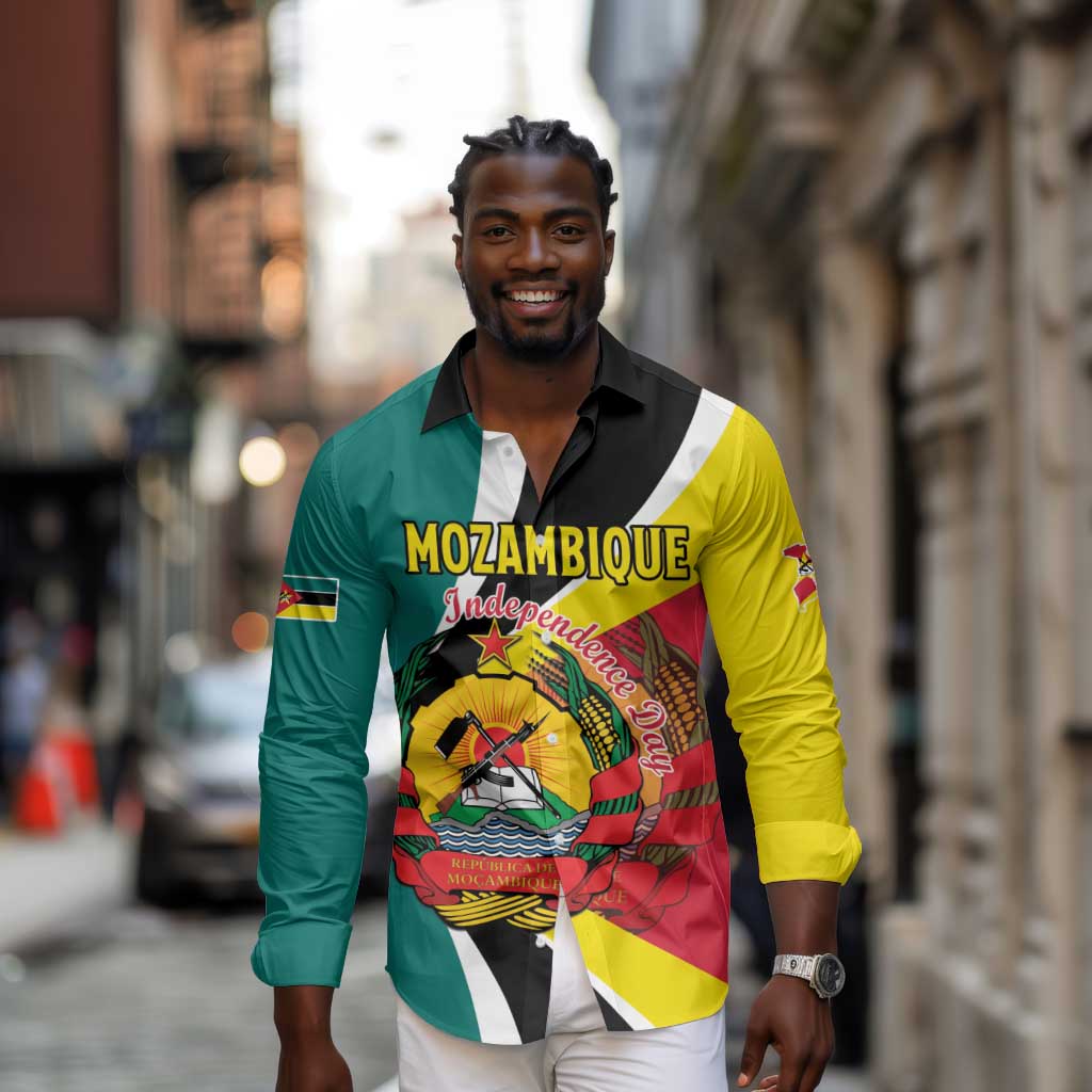 Personalized Mozambique Independence Day Long Sleeve Button Shirt Coat Of Arms - Flag Style