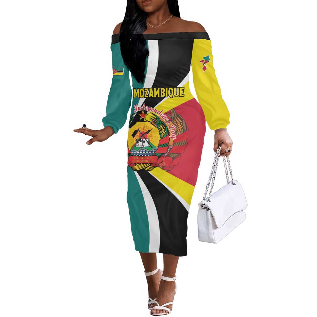 Personalized Mozambique Independence Day Off The Shoulder Long Sleeve Dress Coat Of Arms - Flag Style