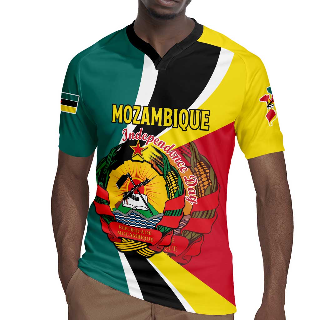 Personalized Mozambique Independence Day Rugby Jersey Coat Of Arms - Flag Style