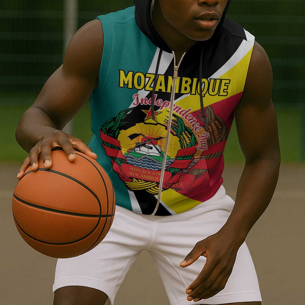 Personalized Mozambique Independence Day Sleeveless Zip Hoodie Coat Of Arms - Flag Style - African Pride