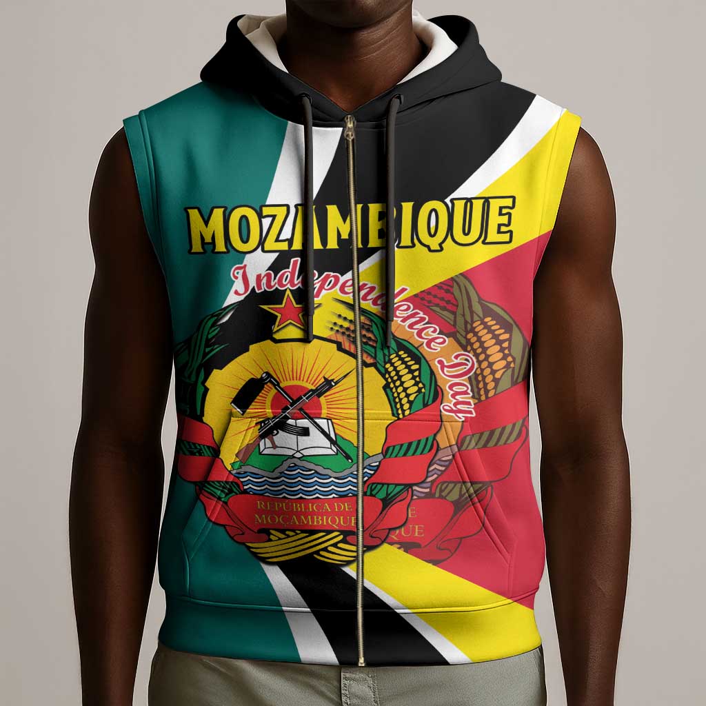 Personalized Mozambique Independence Day Sleeveless Zip Hoodie Coat Of Arms - Flag Style - African Pride