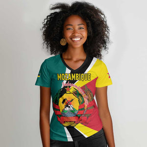 Personalized Mozambique Independence Day Women V-Neck T-Shirt Coat Of Arms - Flag Style