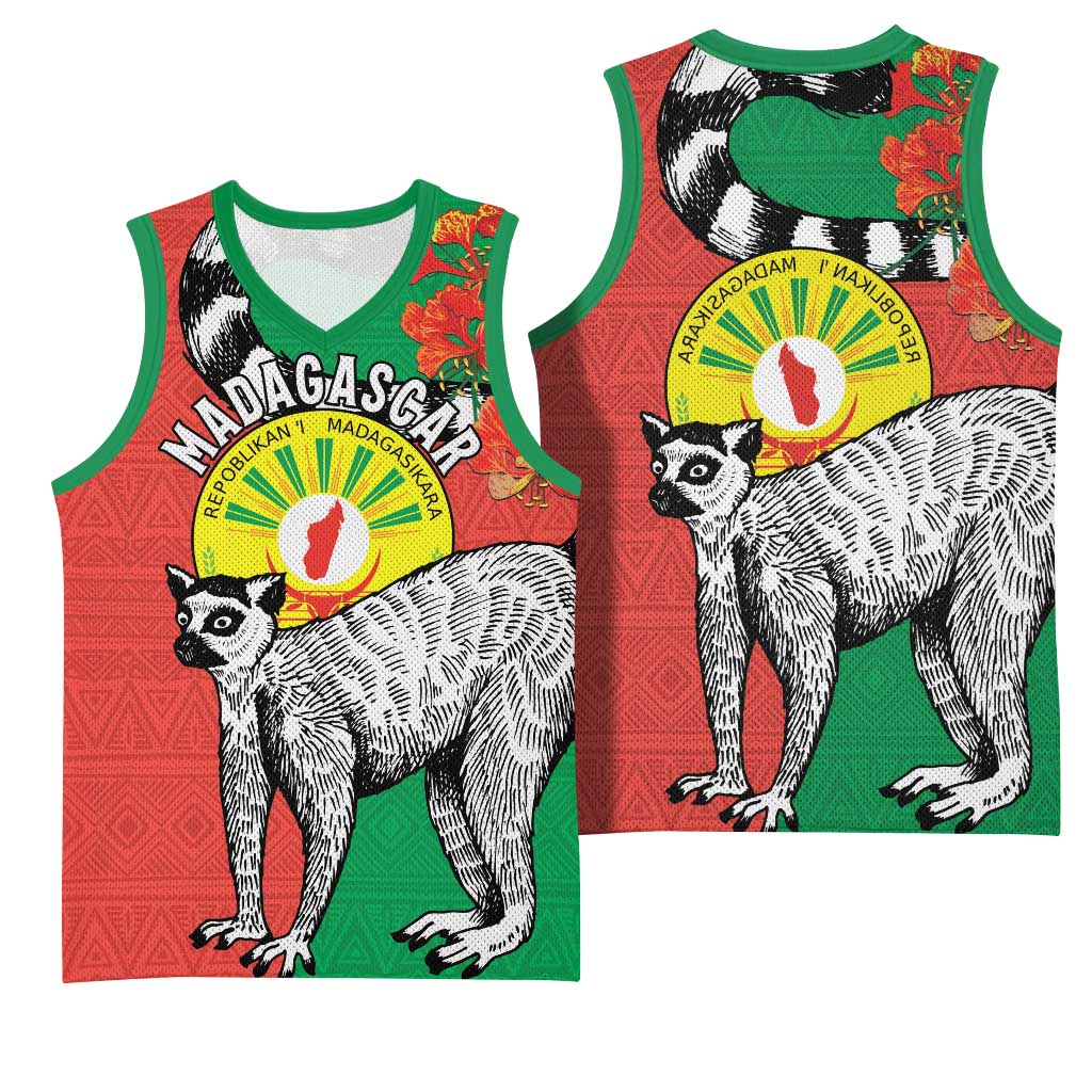 Happy Madagasikara Independence Day Basketball Jersey Ring-Tailed Lemur With Seal - African Pride