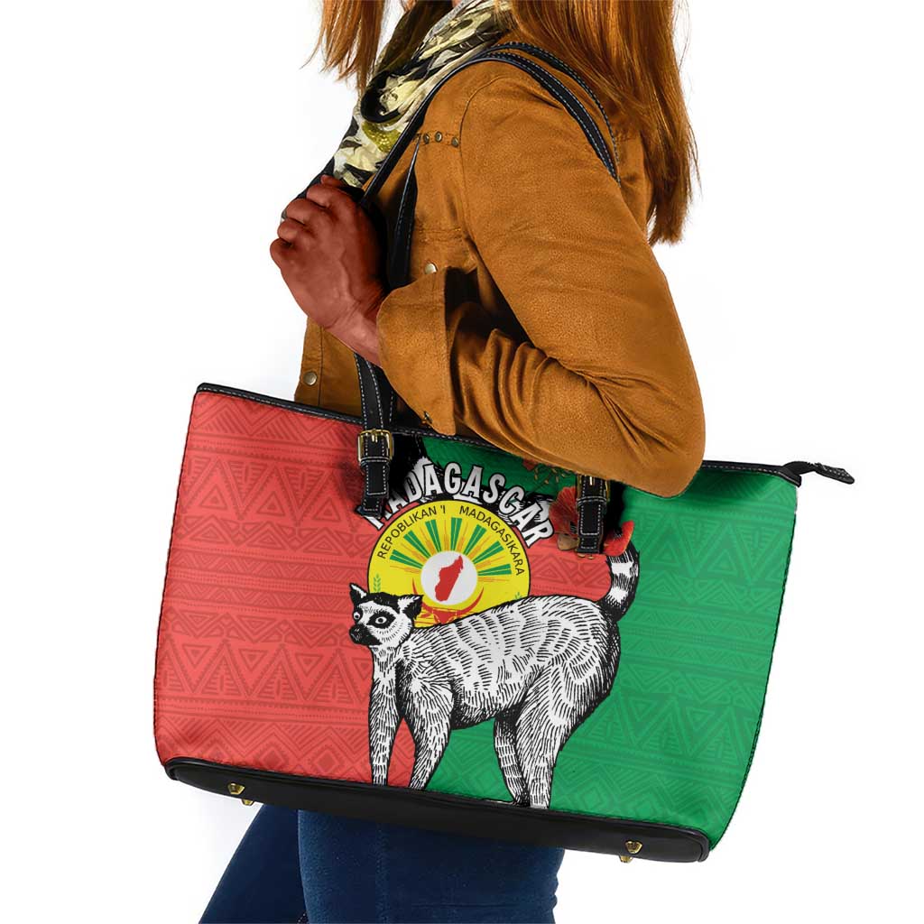 Happy Madagasikara Independence Day Leather Tote Bag Ring-Tailed Lemur With Seal