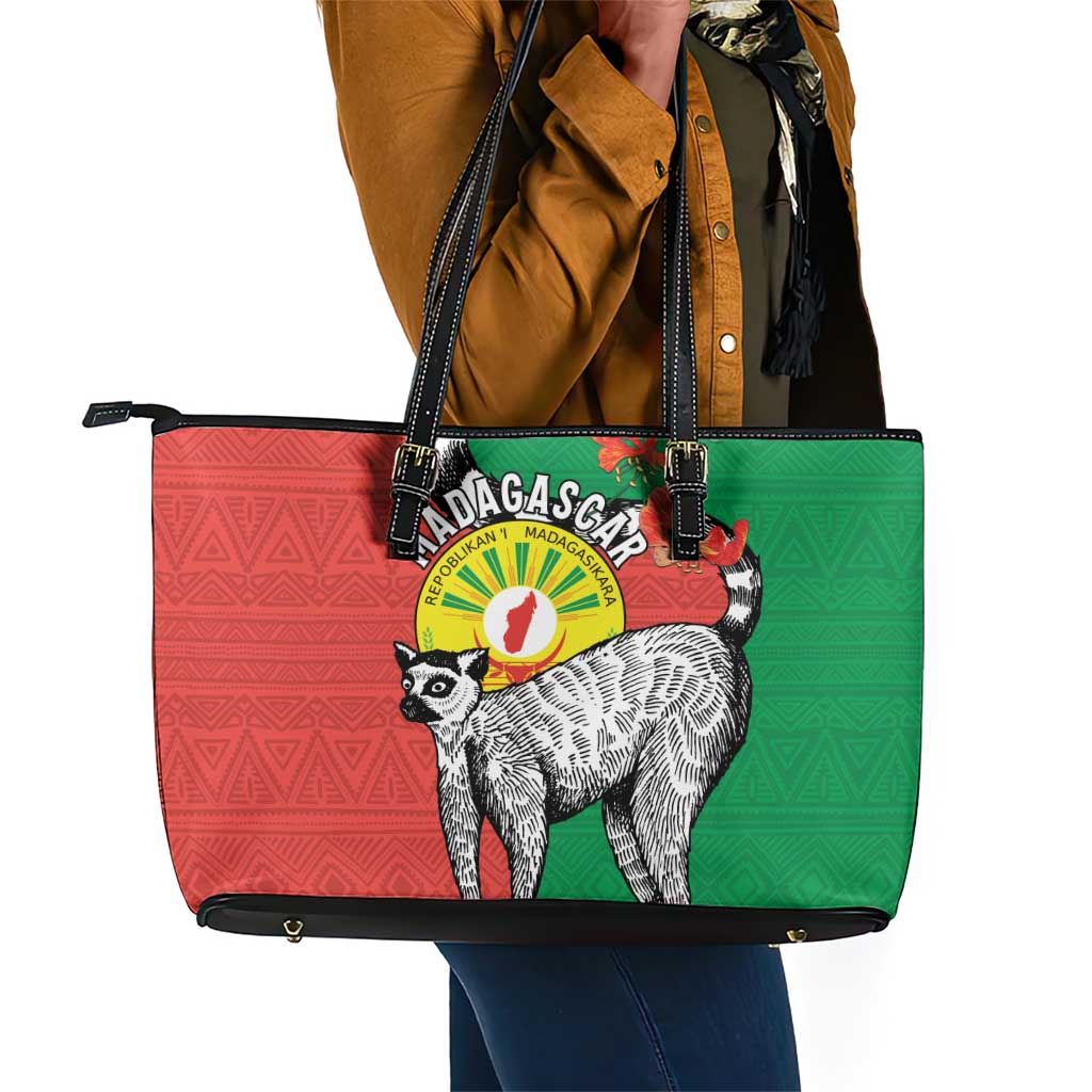 Happy Madagasikara Independence Day Leather Tote Bag Ring-Tailed Lemur With Seal