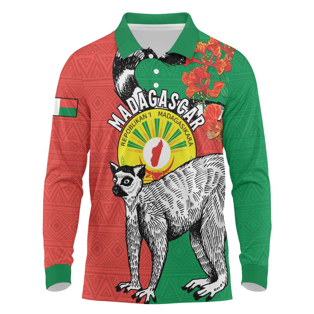 Happy Madagasikara Independence Day Long Sleeve Polo Shirt Ring-Tailed Lemur With Seal