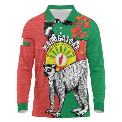 Happy Madagasikara Independence Day Long Sleeve Polo Shirt Ring-Tailed Lemur With Seal