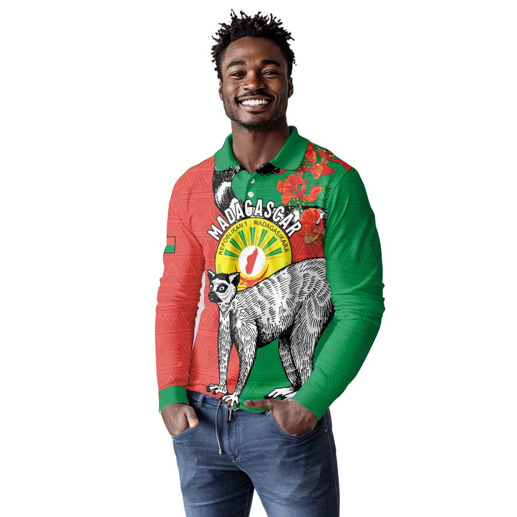 Happy Madagasikara Independence Day Long Sleeve Polo Shirt Ring-Tailed Lemur With Seal