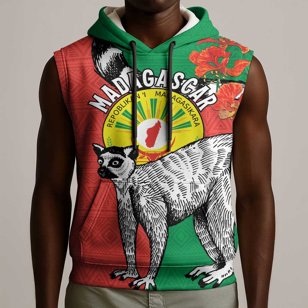 Happy Madagasikara Independence Day Sleeveless Hoodie Ring-Tailed Lemur With Seal - African Pride