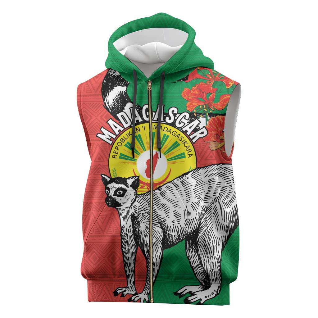 Happy Madagasikara Independence Day Sleeveless Zip Hoodie Ring-Tailed Lemur With Seal - African Pride