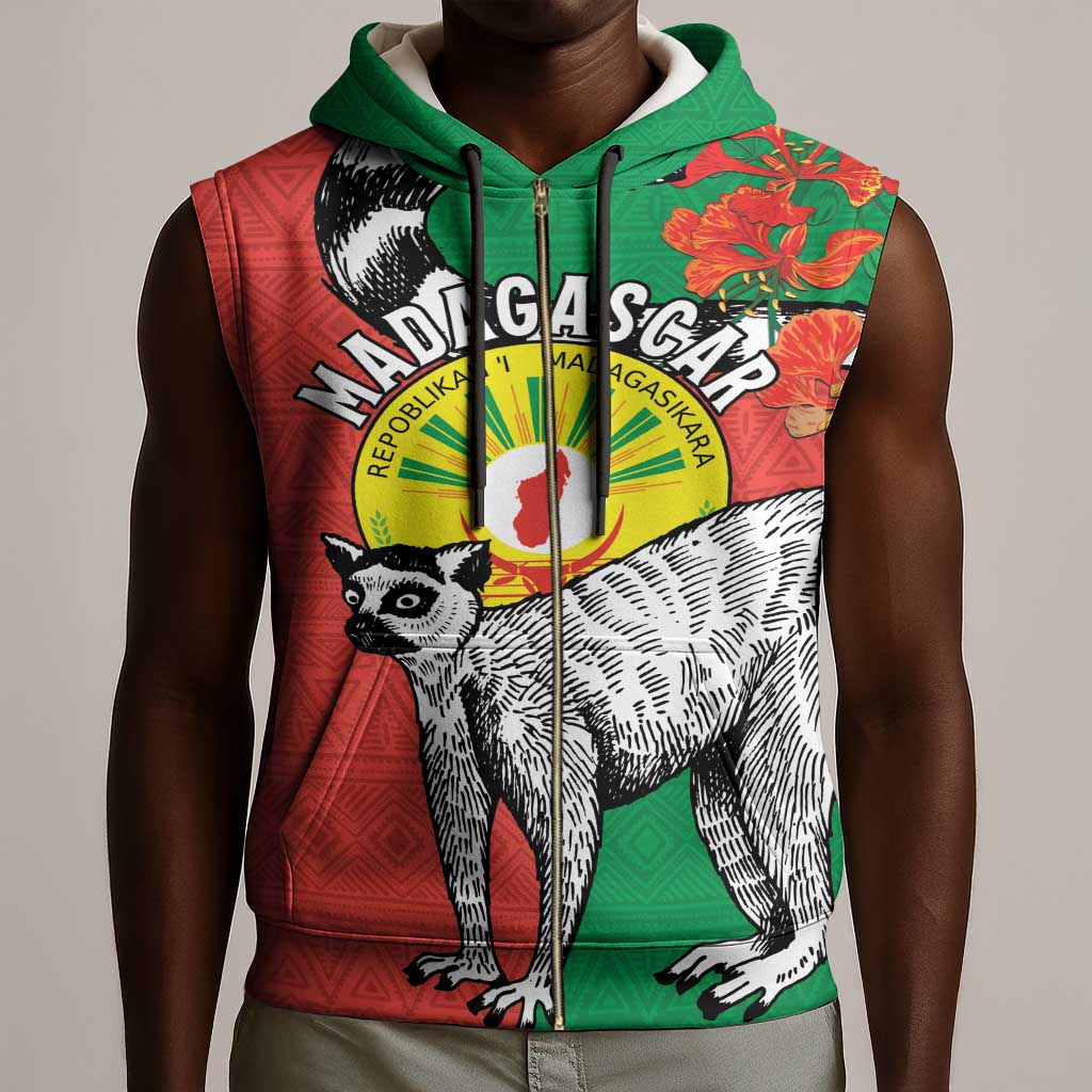 Happy Madagasikara Independence Day Sleeveless Zip Hoodie Ring-Tailed Lemur With Seal - African Pride