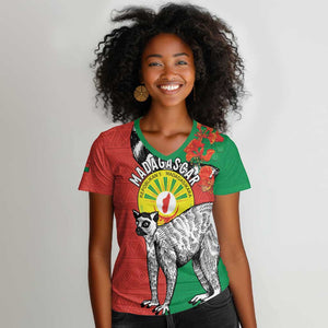Happy Madagasikara Independence Day Women V-Neck T-Shirt Ring-Tailed Lemur With Seal