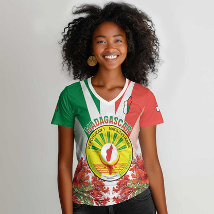 Personalized Madagasikara Women V-Neck T-Shirt Seal With Poinciana