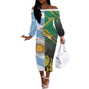 South Africa and Argentina Rugby Personalised Off The Shoulder Long Sleeve Dress Sporty Style