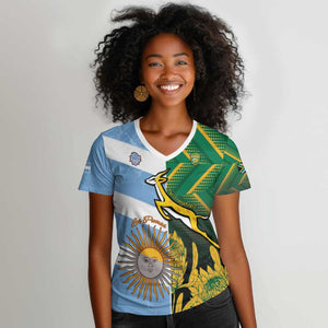 South Africa and Argentina Rugby Personalised Women V-Neck T-Shirt Sporty Style