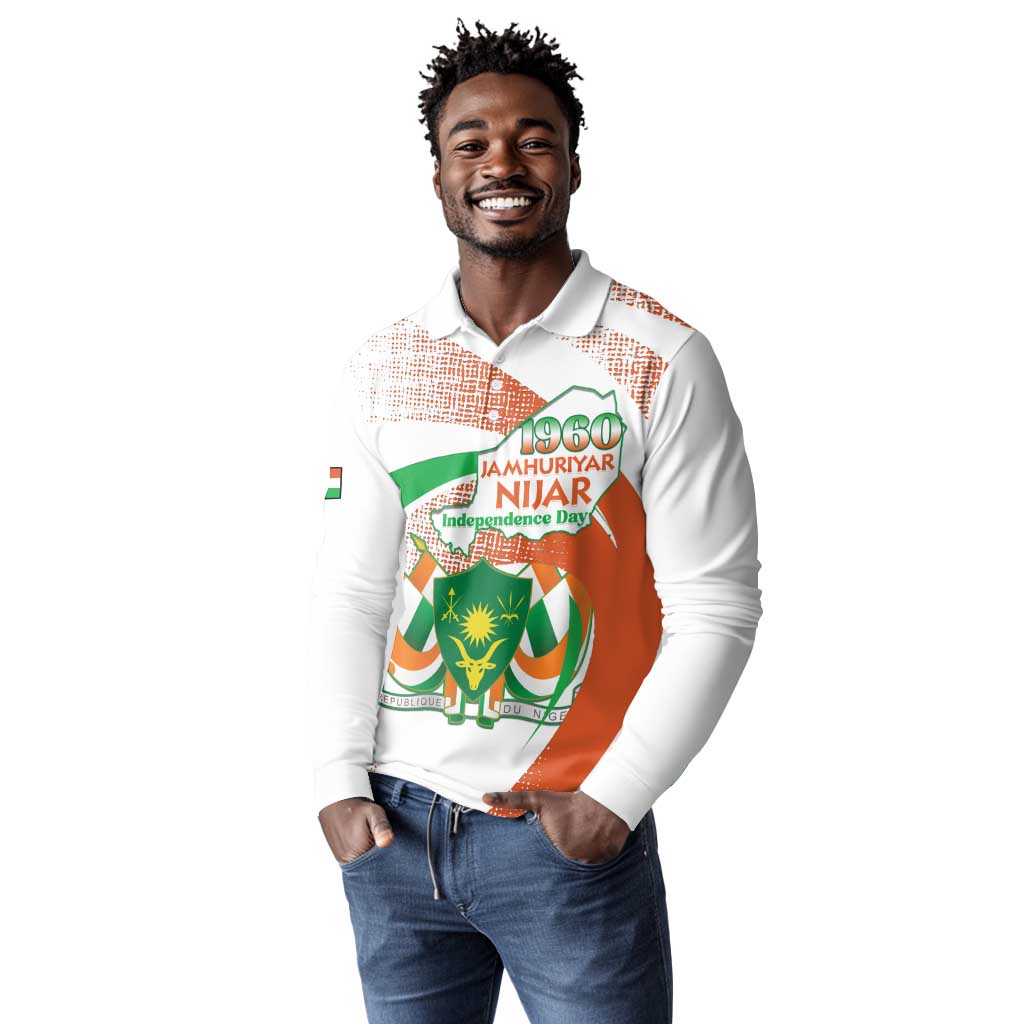 Personalized Happy Jamhuriyar Nijar Independence Day Long Sleeve Polo Shirt Coat Of Arm With Niger Map