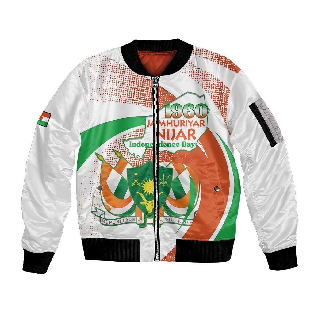 Personalized Happy Jamhuriyar Nijar Independence Day Sleeve Zip Bomber Jacket Coat Of Arm With Niger Map