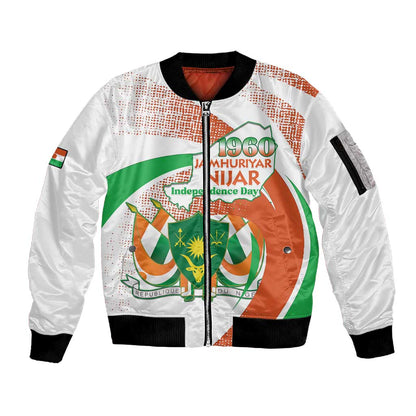 Personalized Happy Jamhuriyar Nijar Independence Day Sleeve Zip Bomber Jacket Coat Of Arm With Niger Map