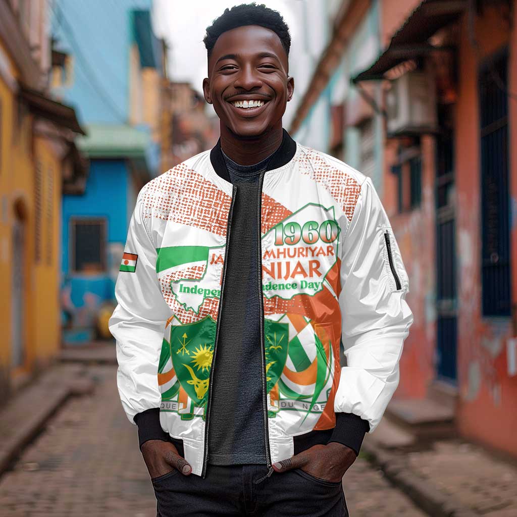 Personalized Happy Jamhuriyar Nijar Independence Day Sleeve Zip Bomber Jacket Coat Of Arm With Niger Map