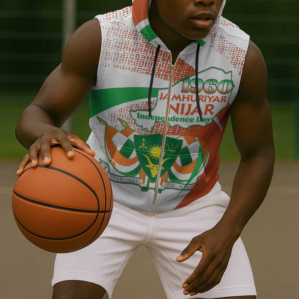 Personalized Happy Jamhuriyar Nijar Independence Day Sleeveless Zip Hoodie Coat Of Arm With Niger Map - African Pride